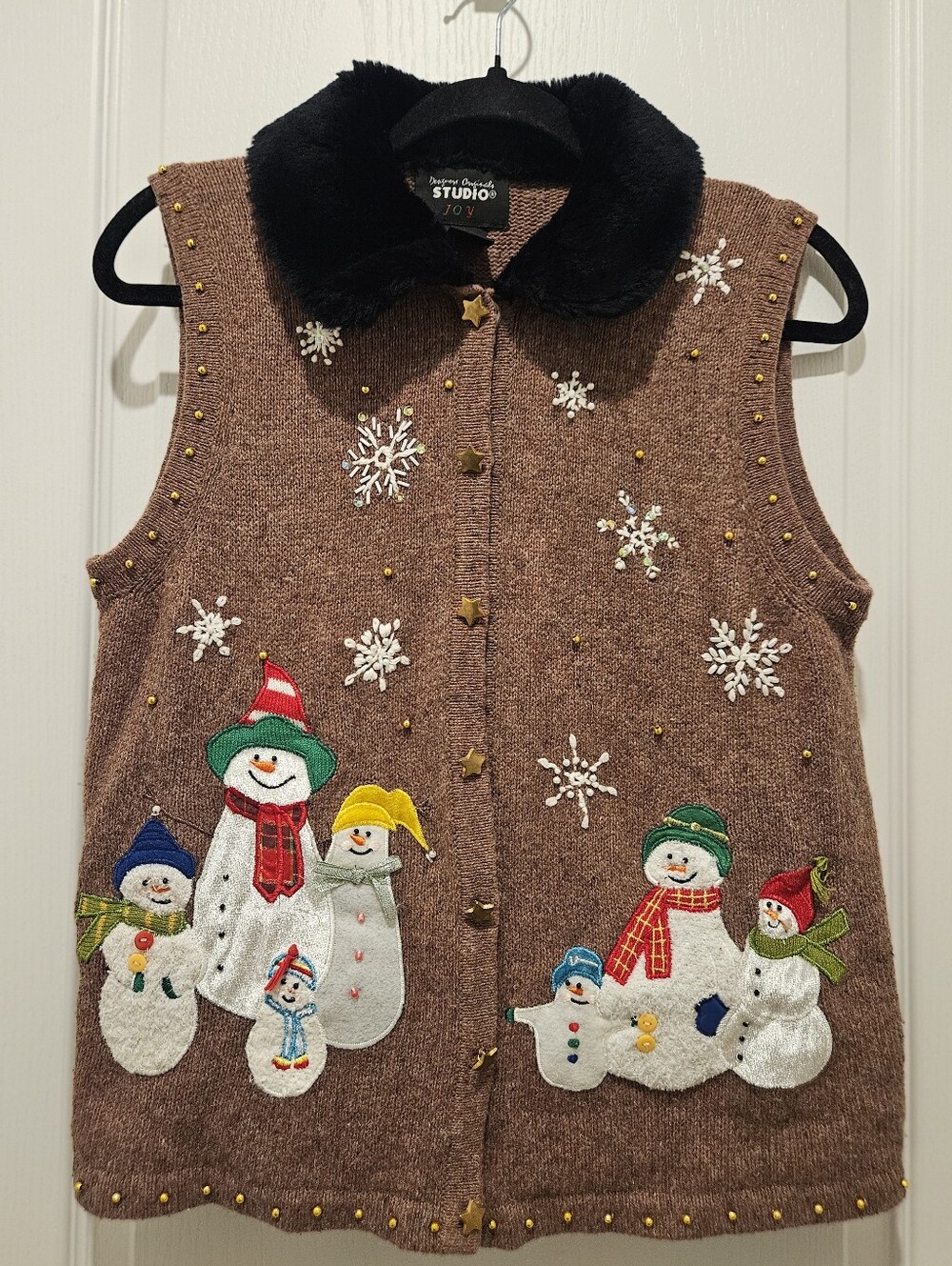 Vintage Designers Originals Studio JOY Snowman Sweater Vest Faux Fur Collar S